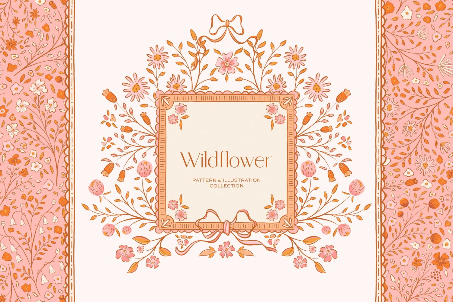 hand drawn floral illustrations, bows, frames, seamless patterns, and dividers with a pink, orange, and cream color scheme
