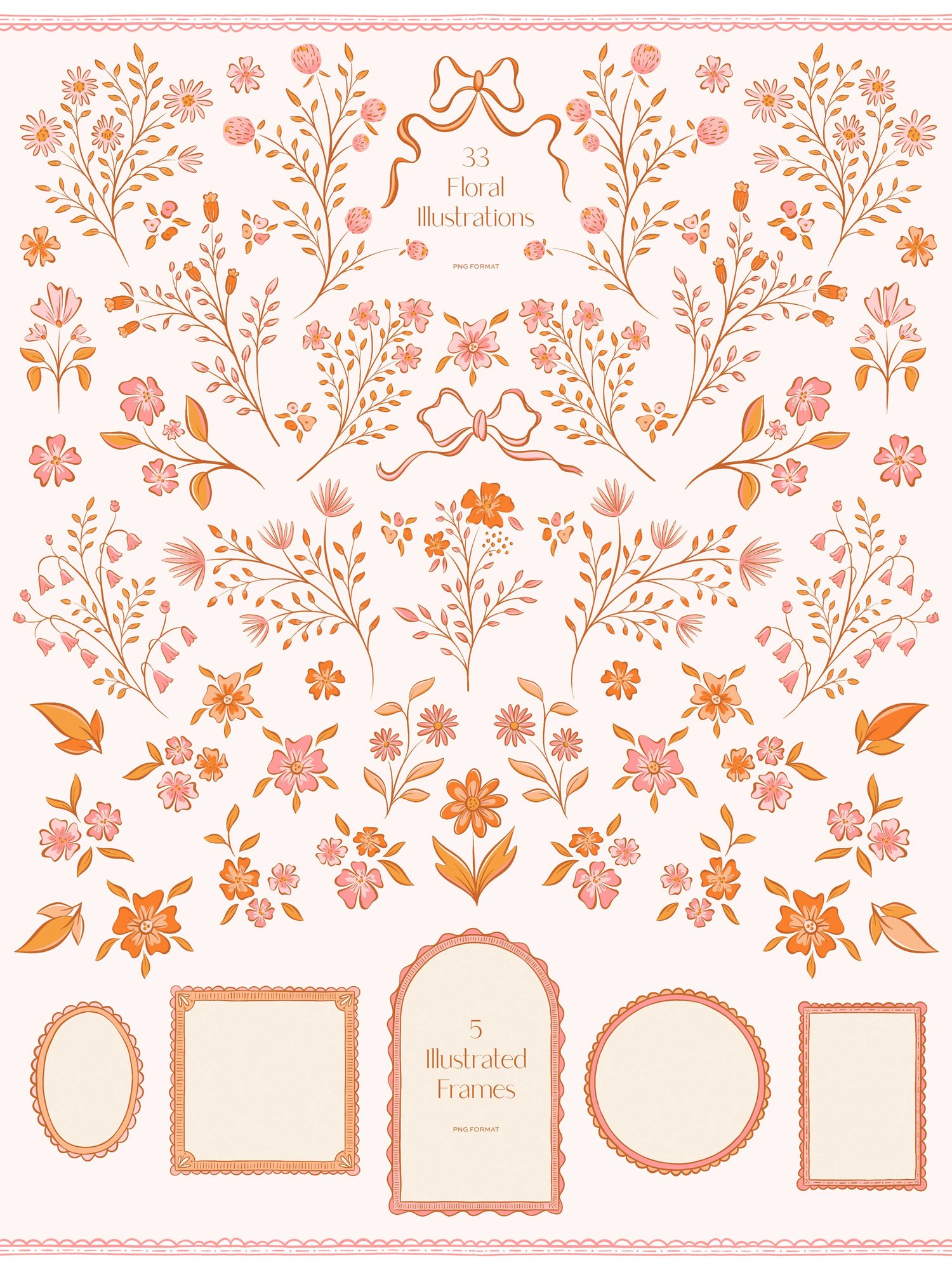 hand drawn floral illustrations, bows, frames, seamless patterns, and dividers with a pink, orange, and cream color scheme