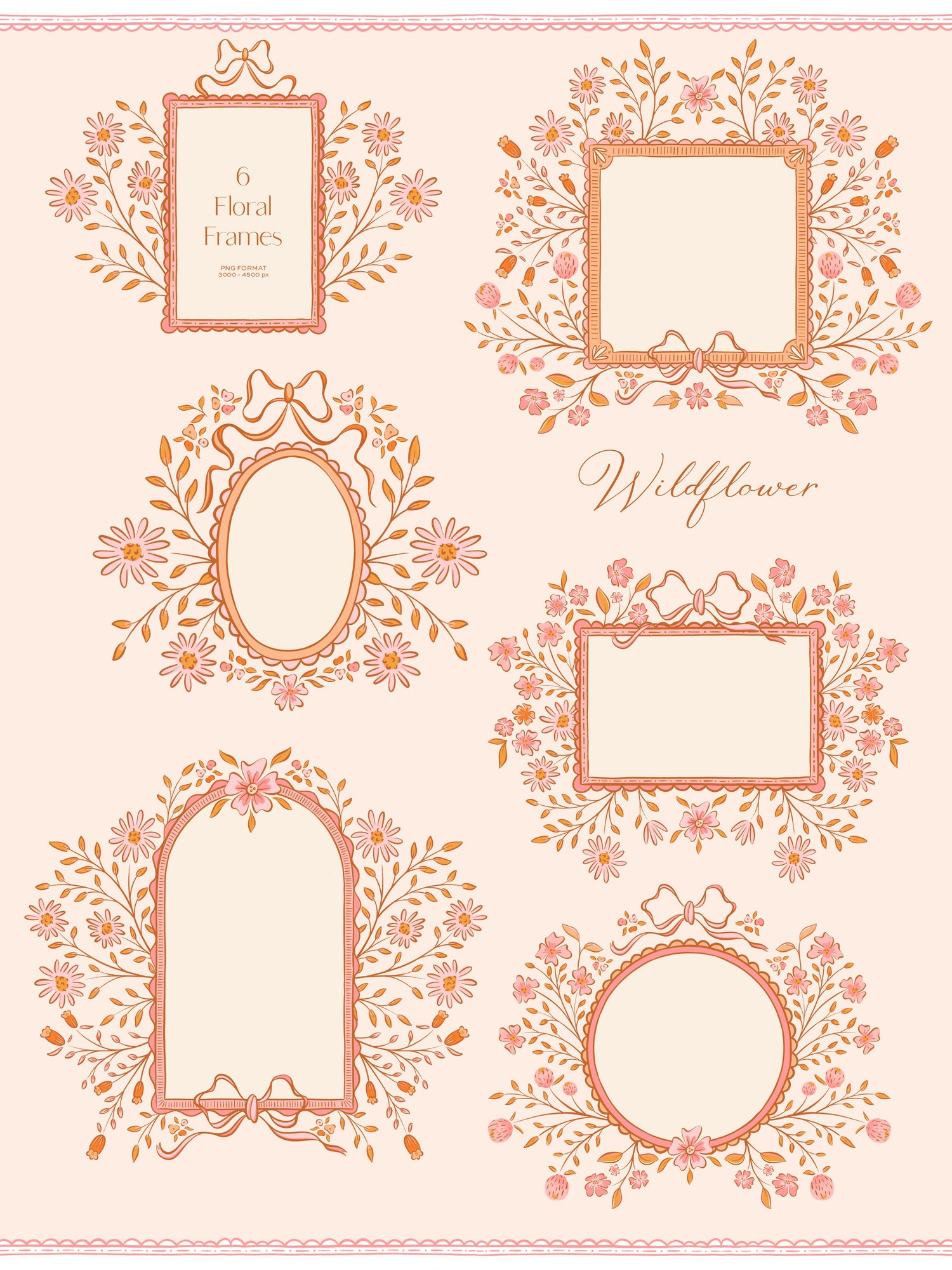 hand drawn floral illustrations, bows, frames, seamless patterns, and dividers with a pink, orange, and cream color scheme