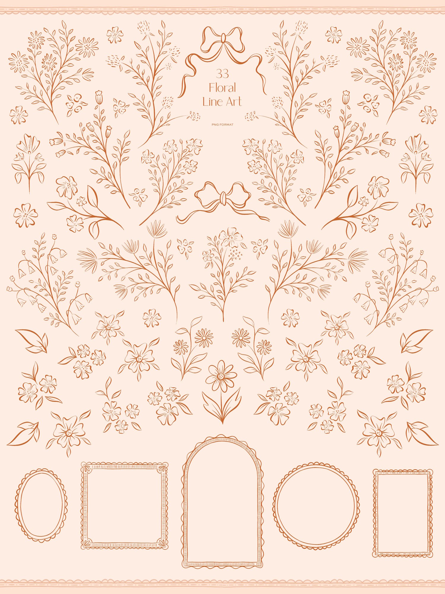 hand drawn floral illustrations, bows, frames, seamless patterns, and dividers with a pink, orange, and cream color scheme