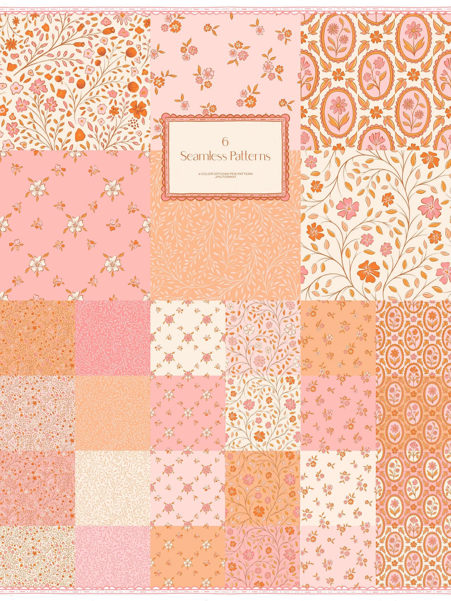 hand drawn floral illustrations, bows, frames, seamless patterns, and dividers with a pink, orange, and cream color scheme