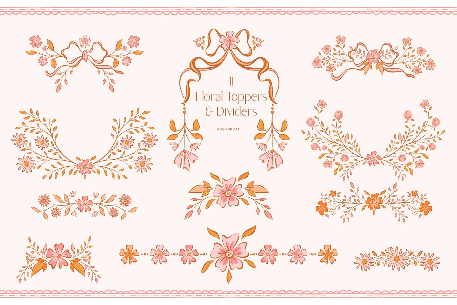 hand drawn floral illustrations, bows, frames, seamless patterns, and dividers with a pink, orange, and cream color scheme