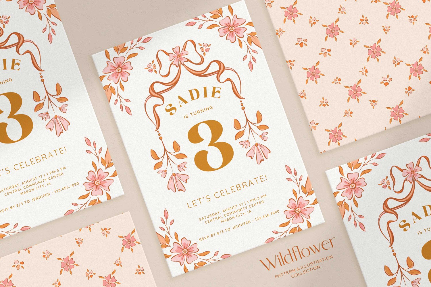 hand drawn floral illustrations, bows, frames, seamless patterns, and dividers with a pink, orange, and cream color scheme