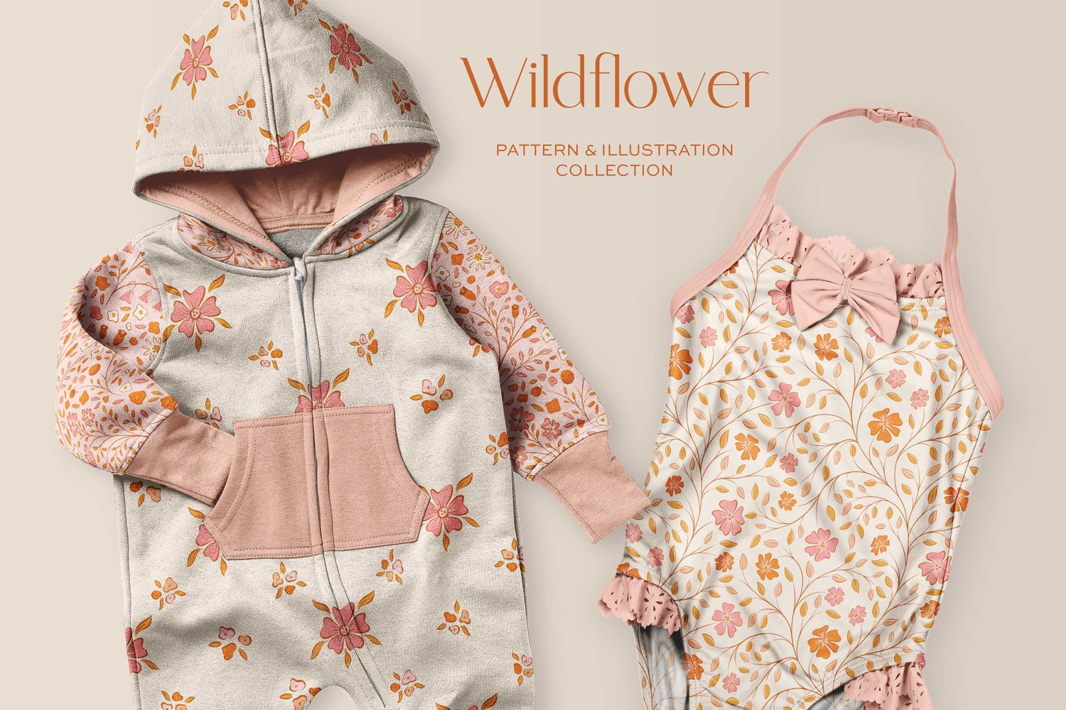 hand drawn floral illustrations, bows, frames, seamless patterns, and dividers with a pink, orange, and cream color scheme