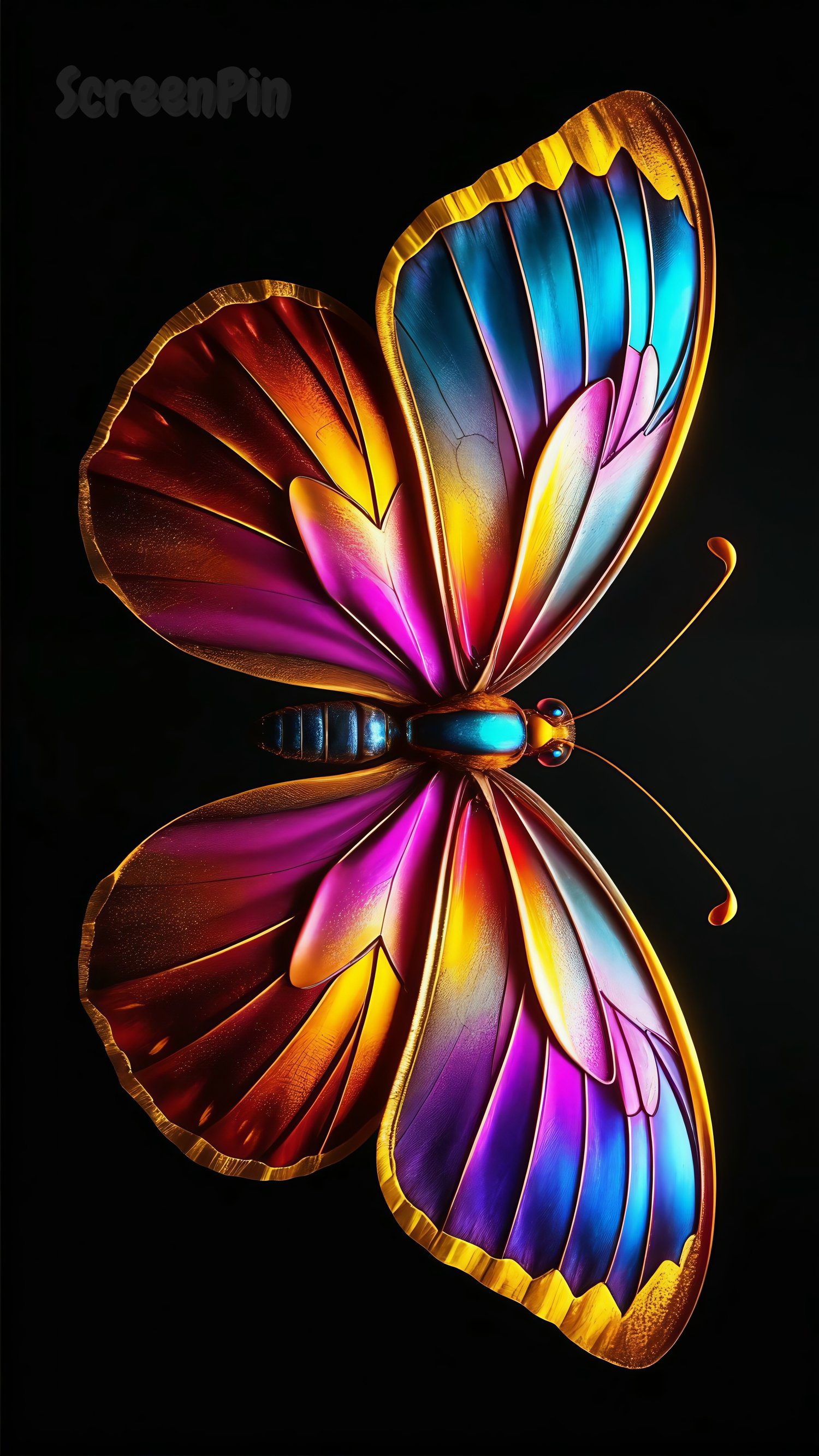 Digital artwork of a colorful metallic butterfly with shimmering teal, magenta, and yellow wings, edged in gold.