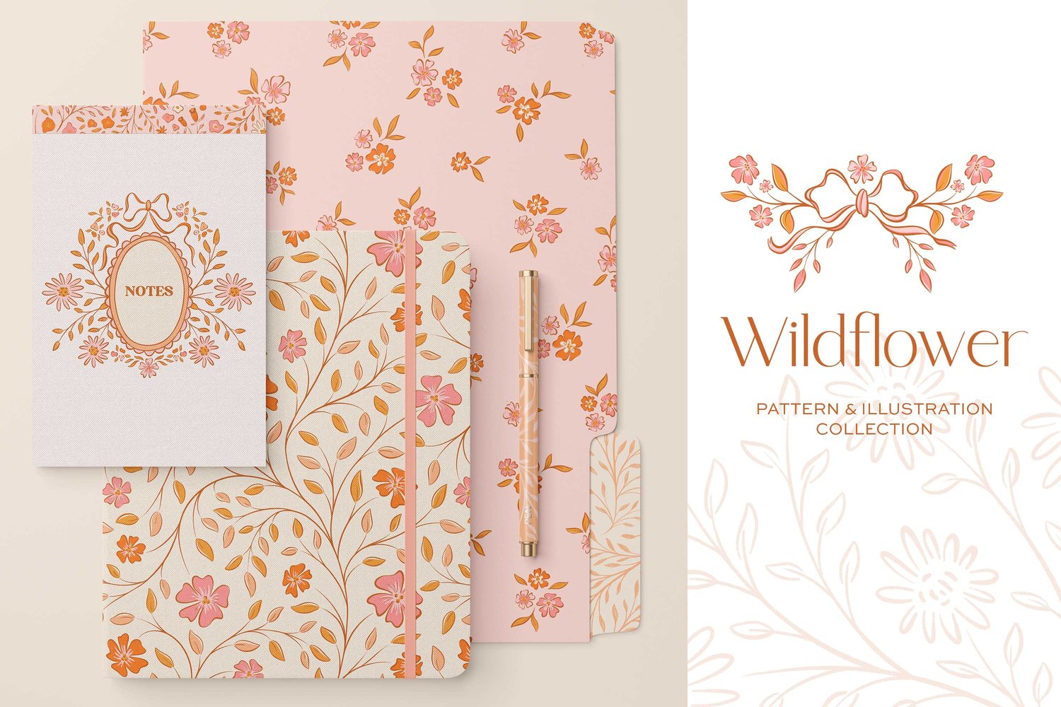 hand drawn floral illustrations, bows, frames, seamless patterns, and dividers with a pink, orange, and cream color scheme
