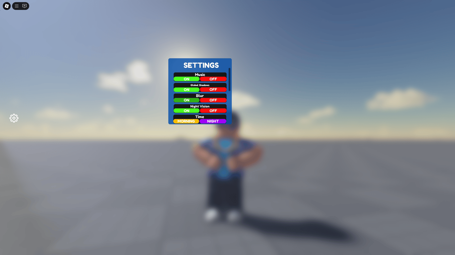 Animated UI with toggles for music, time, and blue mode