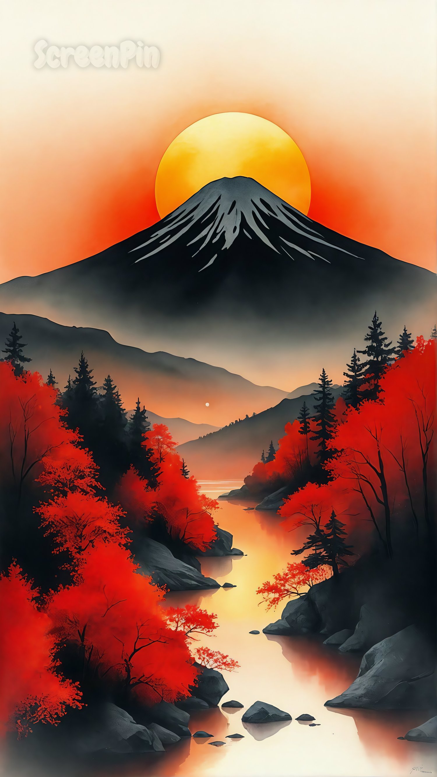 Minimalist digital artwork of Mt. Fuji silhouetted against a bright orange sunset, with a glowing river and red-black autumn forest in a Japanese surreal style.