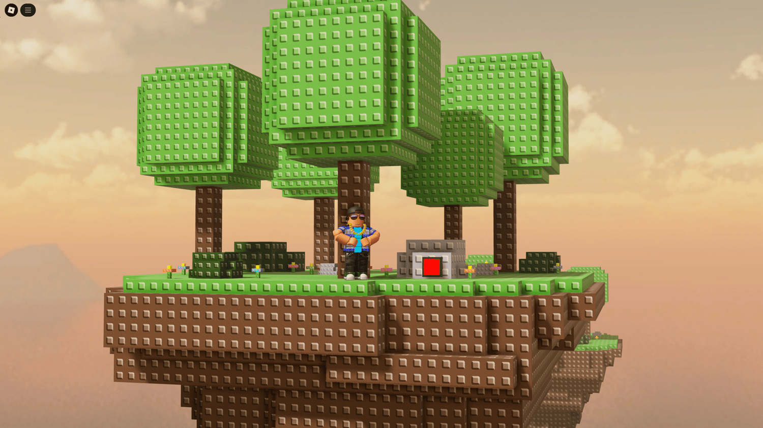 Classic Roblox-style terrain with palm trees and water