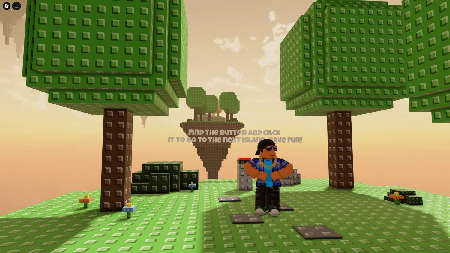 Player searching for a hidden button on a colorful island