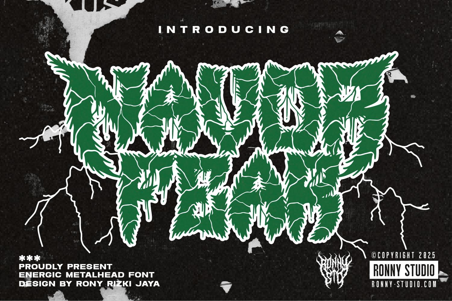 NAVOR FEAR is a fierce and electrifying death metal-inspired display font, handcrafted to embody chaos, aggression, and raw energy. Every letter is draped in razor-sharp spikes and dripping tension, making it perfect for album art, band merch, horror-them