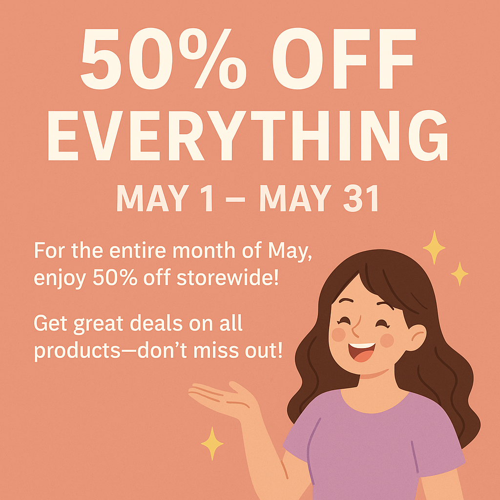 Promotional graphic for Content Forge’s 50% Off May Sale. Features vibrant purple and orange tones, a glowing digital frame, and bold text announcing a storewide discount from May 1st to May 31st. Includes code FORGE50 and Content Forge branding.
