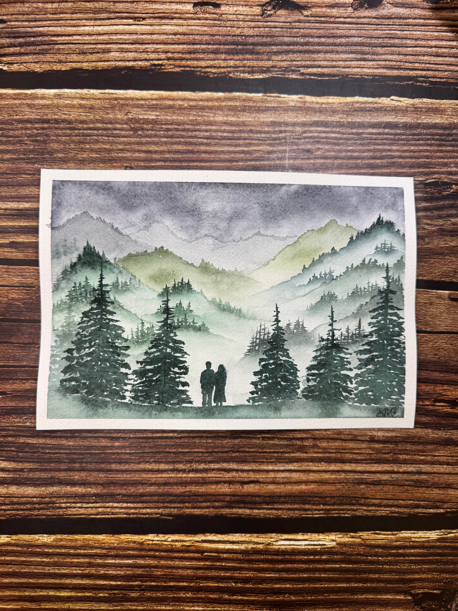Misty Mountain Couple Moody Sky - Original Watercolor Painting - Payhip