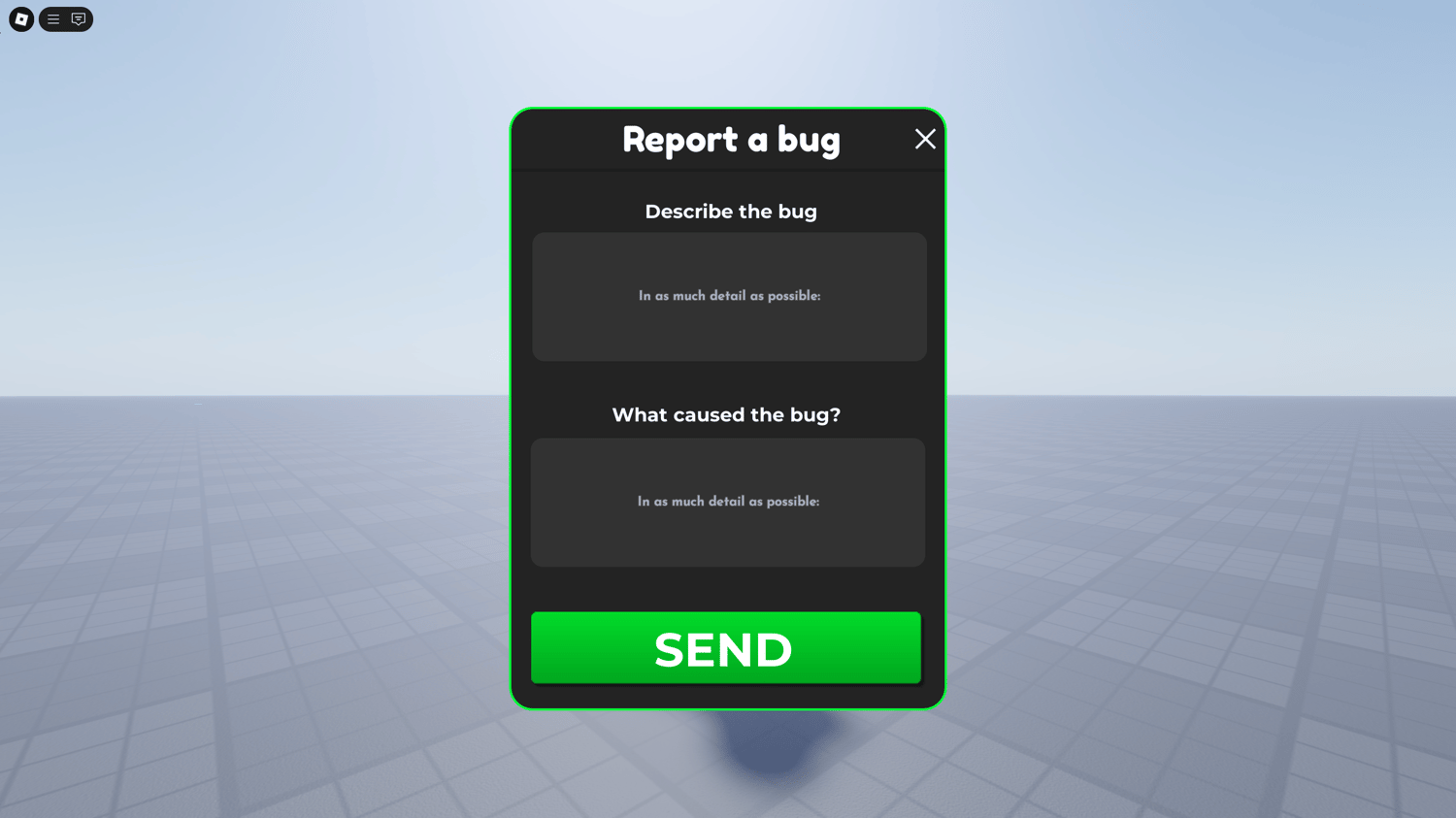 Roblox bug report UI open with text input