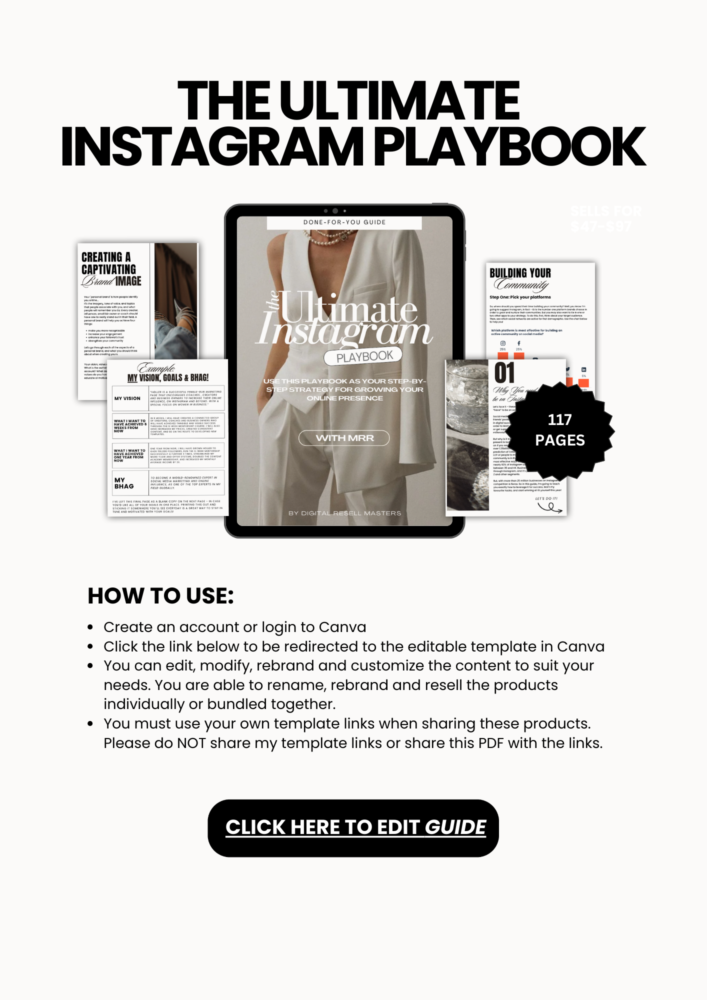 Cover of The Ultimate Instagram Playbook - a 117-page comprehensive guide for boosting Instagram engagement and brand presence, featuring customizable templates on Canva."  Feel free to use or modify these as needed!