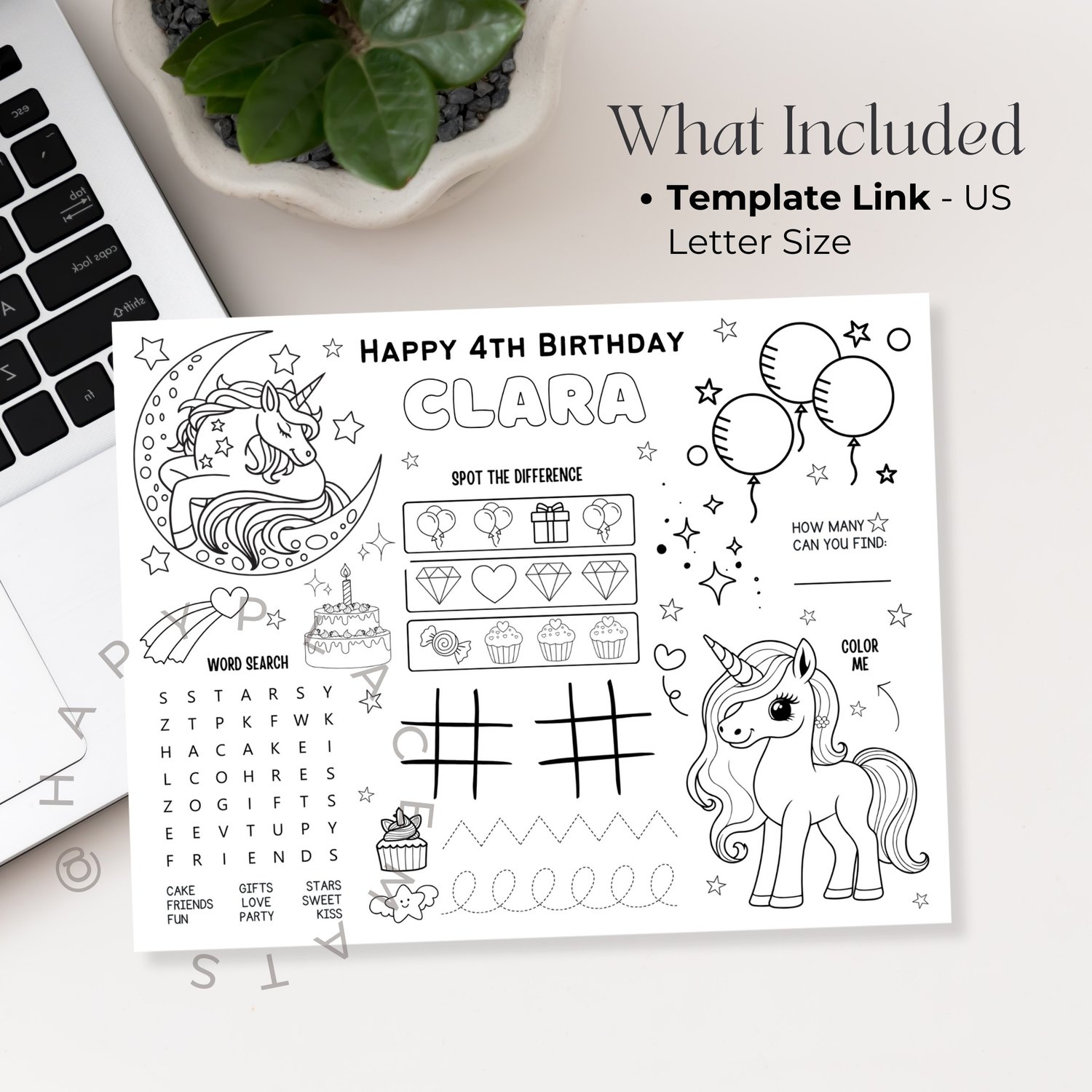 Unicorn Birthday Placemat Activity Page