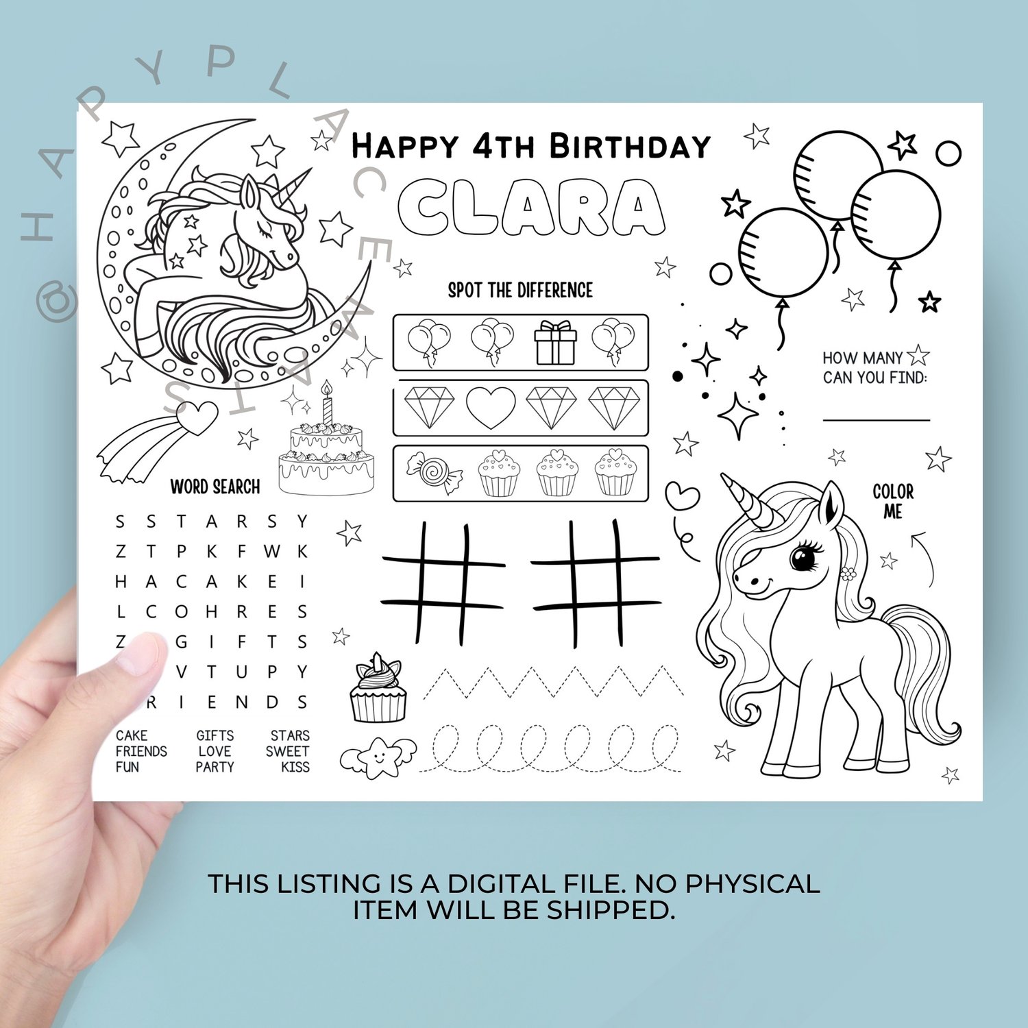 Unicorn Birthday Placemat Activity Page