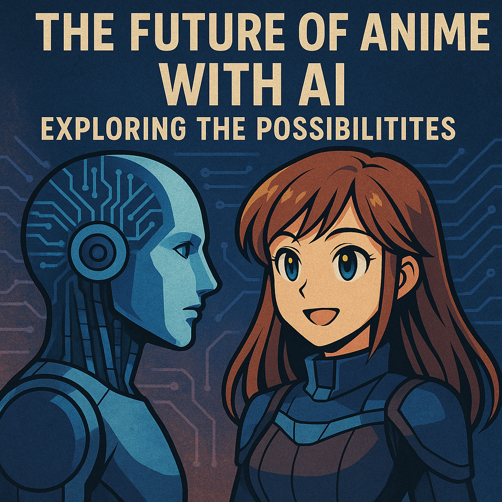 This image is a vibrant, square-format digital illustration featuring a futuristic theme that blends artificial intelligence and anime. On the left, a blue-toned AI robot head with glowing circuits faces a cheerful anime-style female character on the righ