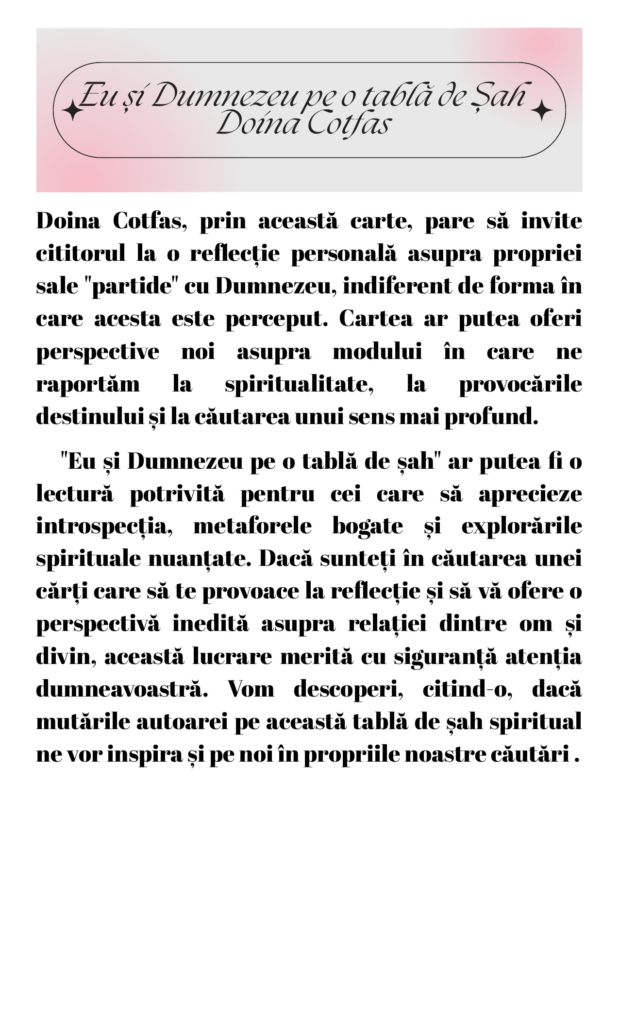 Eu și Dumnezu pe o tablă de șah mesaje scriitor Doina Cotfas