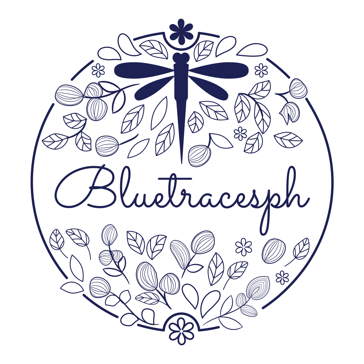 Bluetracesph logo with dragonfly and floral elements