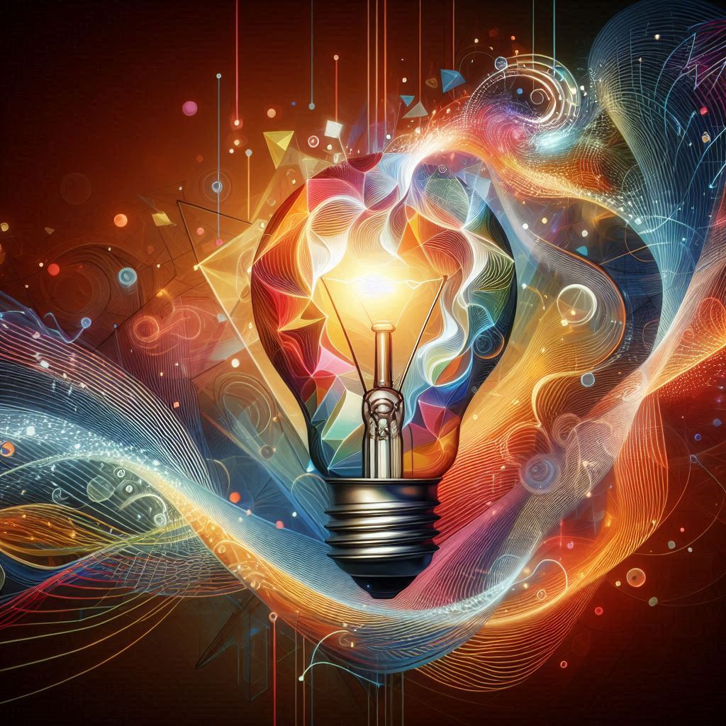 An illustration of a glowing lightbulb suspended on a background of colourful geometric shapes and swirls