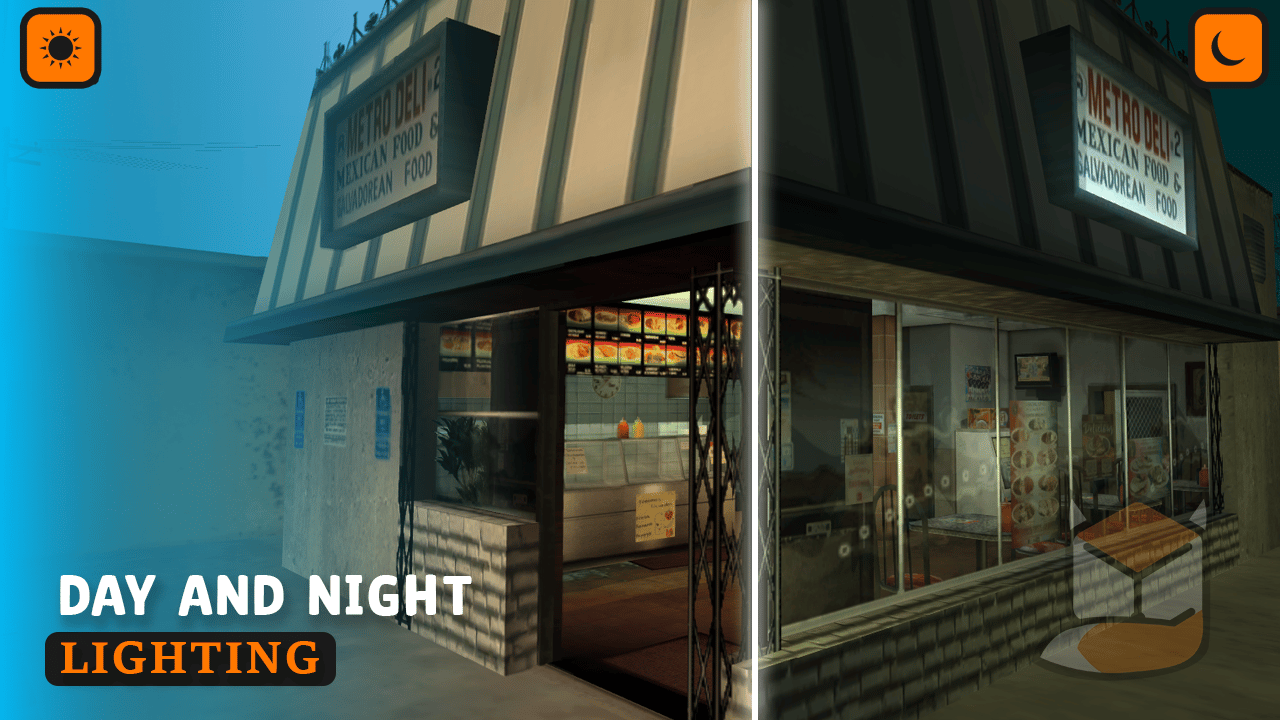Enhanced lighting effects for day and night transitions on the exterior.