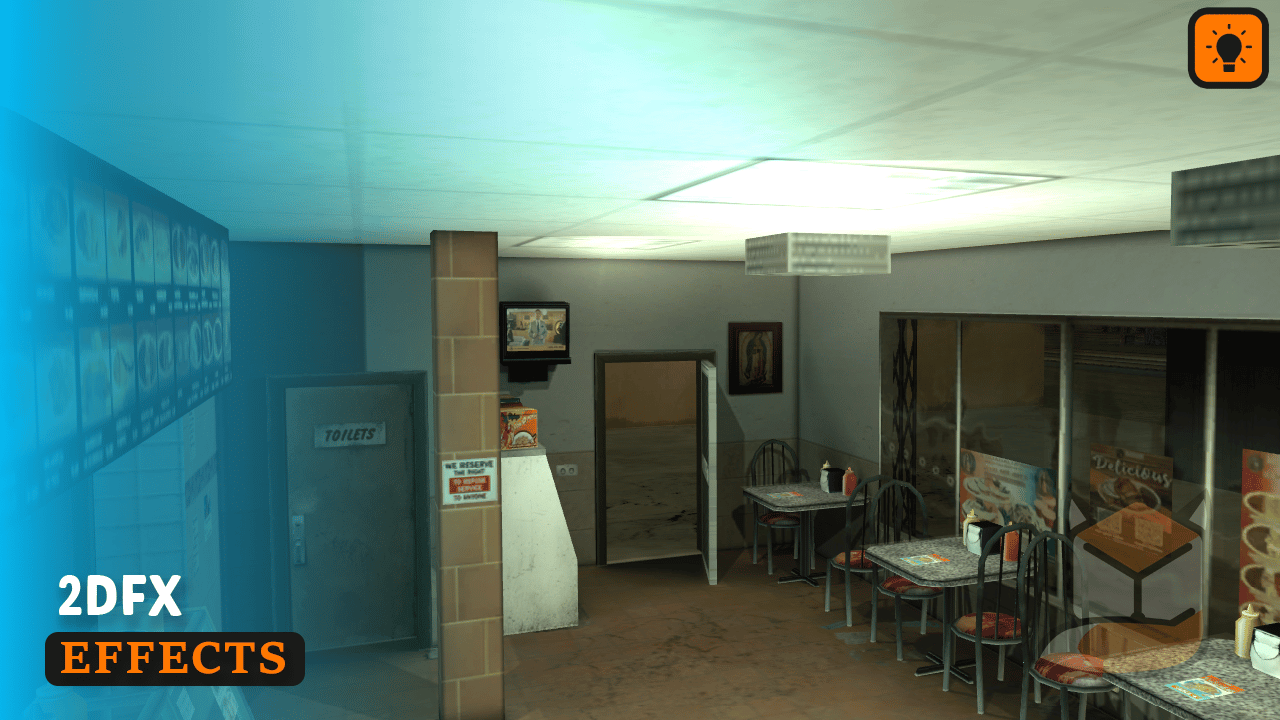 Overhead lighting and ambient interior view with chairs and decor in focus.