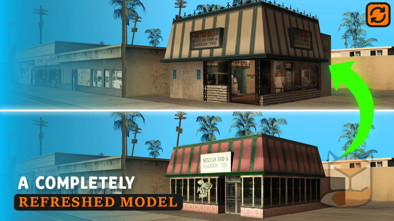 Before-and-after comparison of the original and refreshed restaurant model.