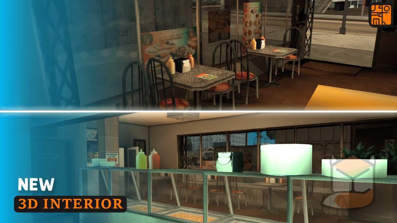 Dining area inside the restaurant showcasing custom furniture and textures.