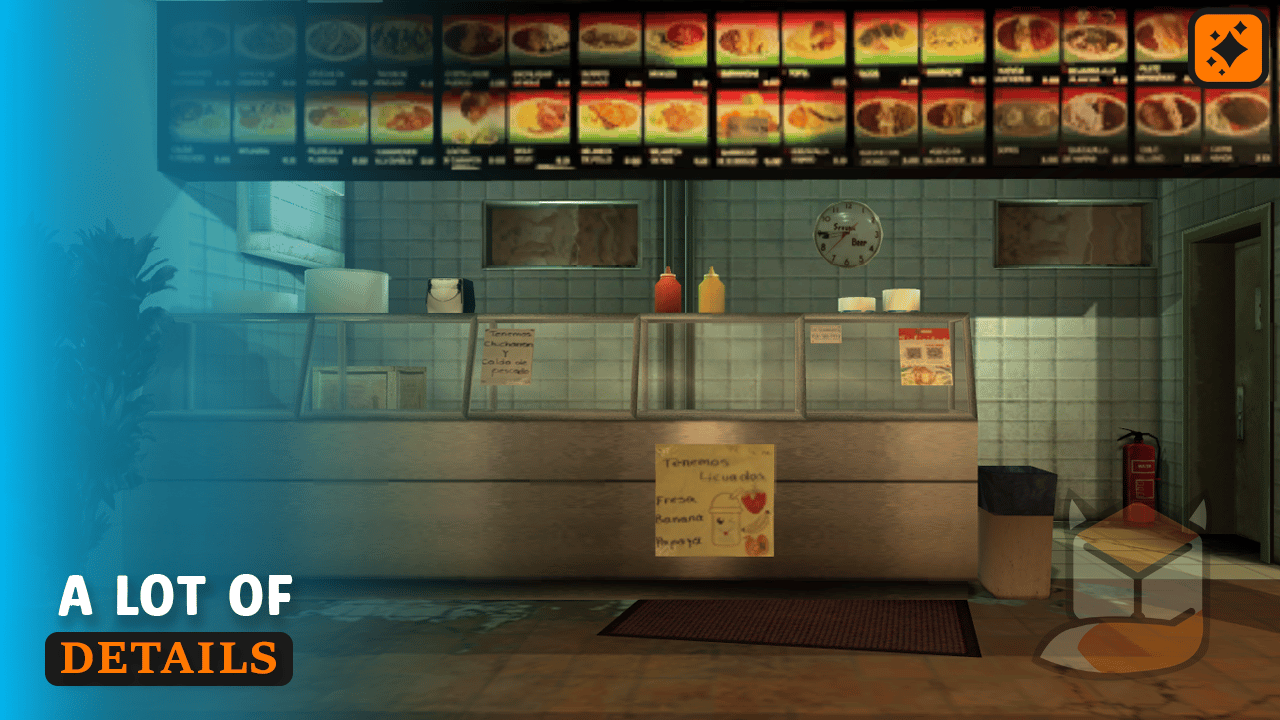 Detailed interior counter with menus, signs, and objects in the remodeled space.