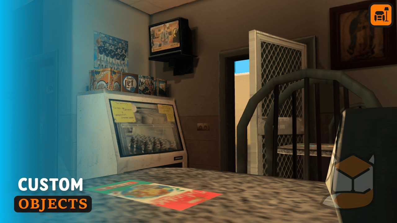 Custom vending machine and in-game props inside the restaurant interior.
