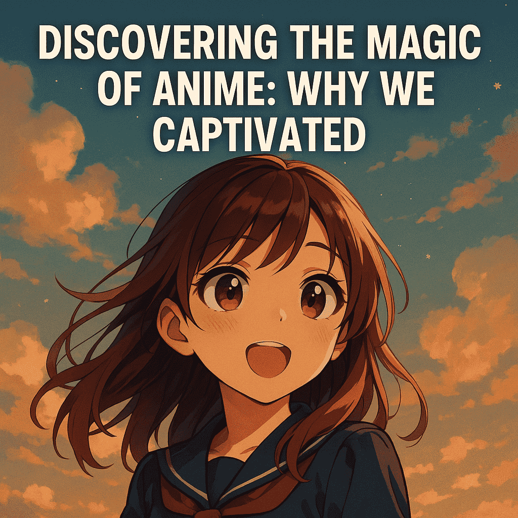 the image shows a picture of an girl  from an anime and it says discovering the magic of anime : why do we fall in love