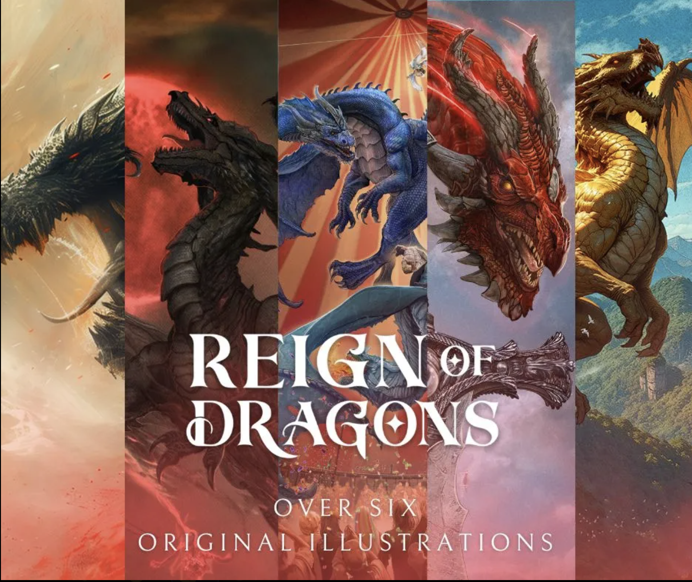 Artwork for the "Reign of Dragons" anthology featuring work by fantasy authors Todd McCaffrey, Melanie Ansley, Jasmine Young, Richard Fierce, Robert Zangari, and others