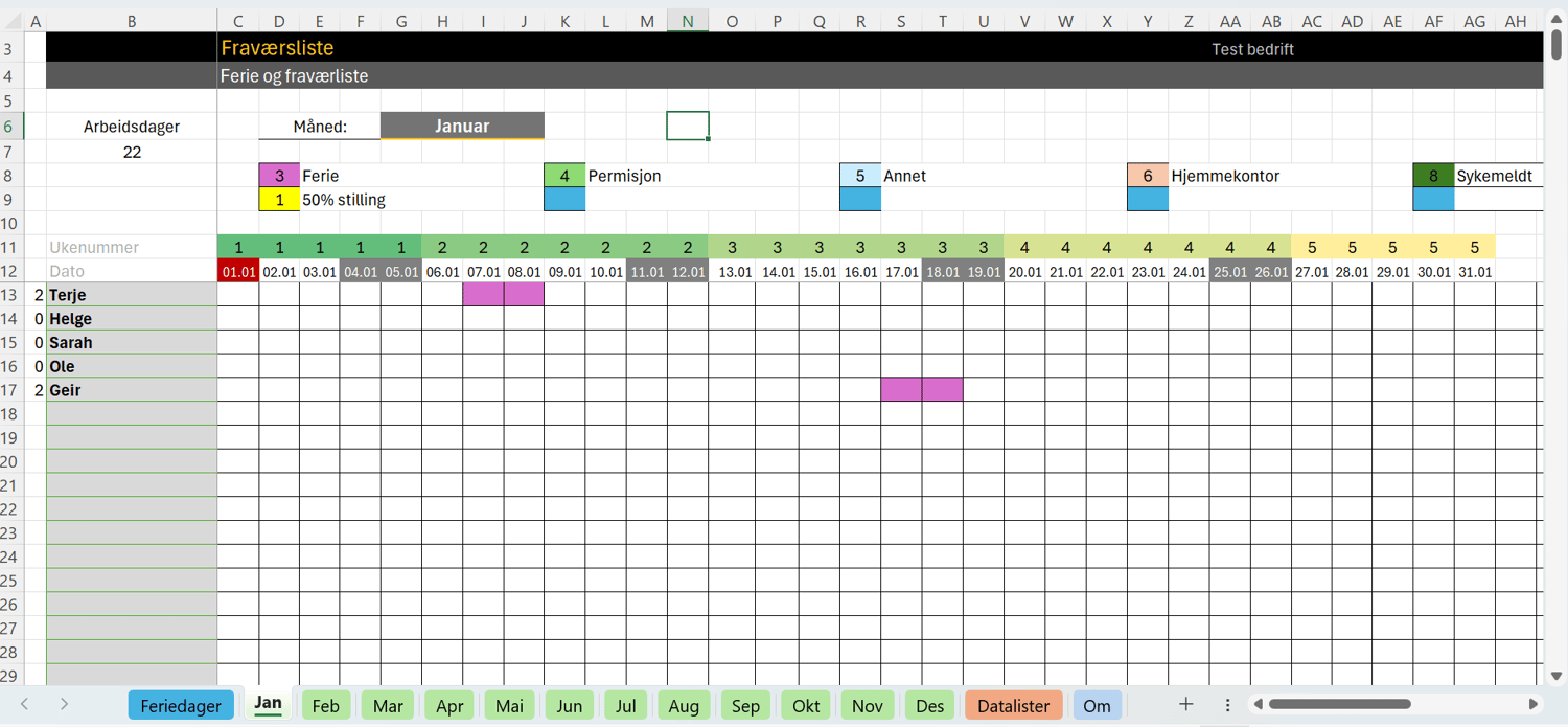 Excel mal ferie måned
