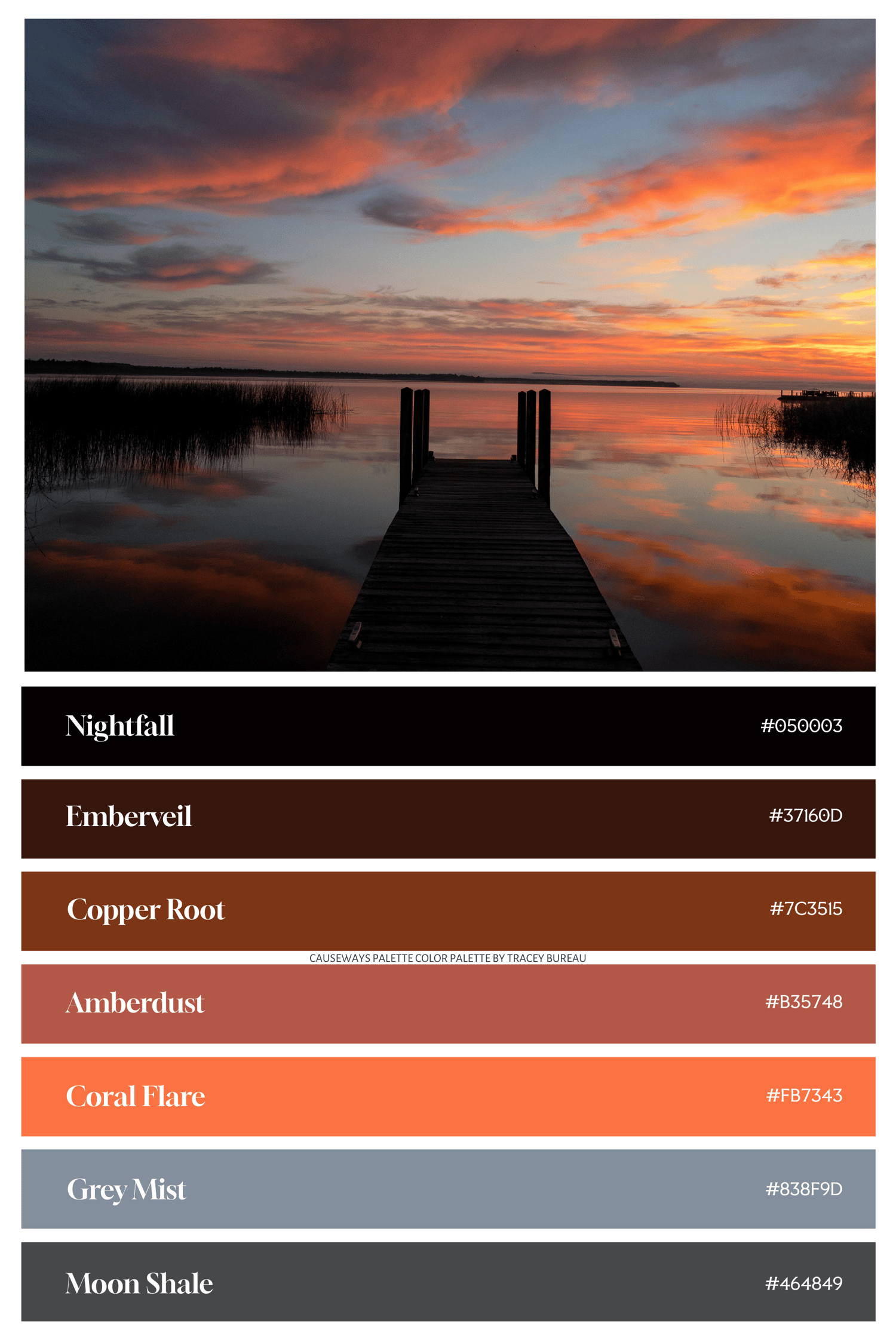 an image of a lake dock at sunset from unsplash with a color palette by tracey bureau via causeways palette with hex codes and color names