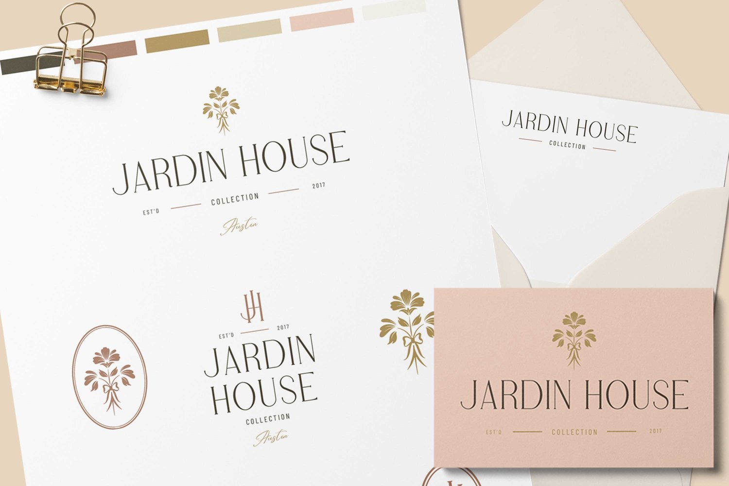 Jardin House logo design featuring a hand drawn floral bouquet tied together with a lovely bow