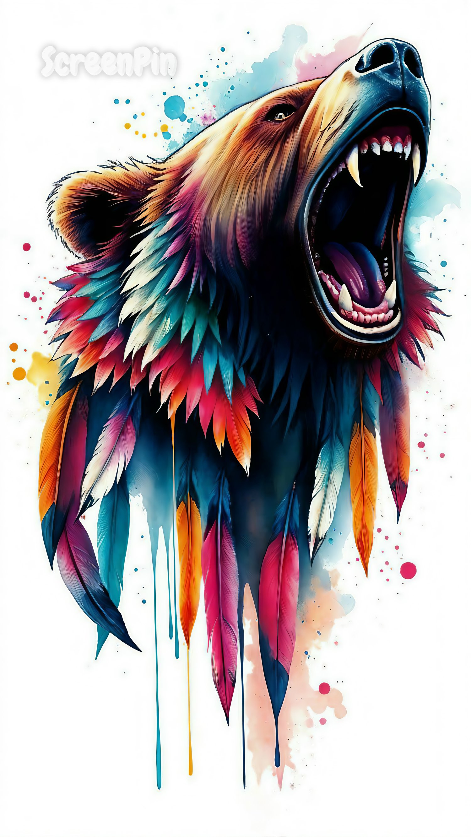 Roaring bear in neon digital art style with tribal elements, feathers, and vivid paint splashes on white background