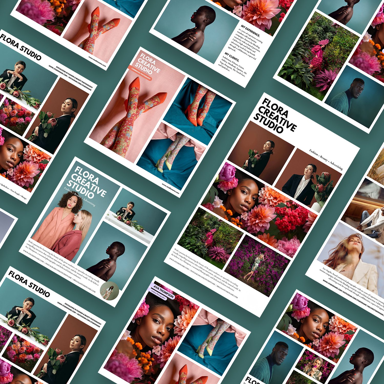 A collage of colorful email layouts or brochure pages laid out on a flat surface, featuring portraits of diverse people, vibrant flowers, and various article layouts with text and images.