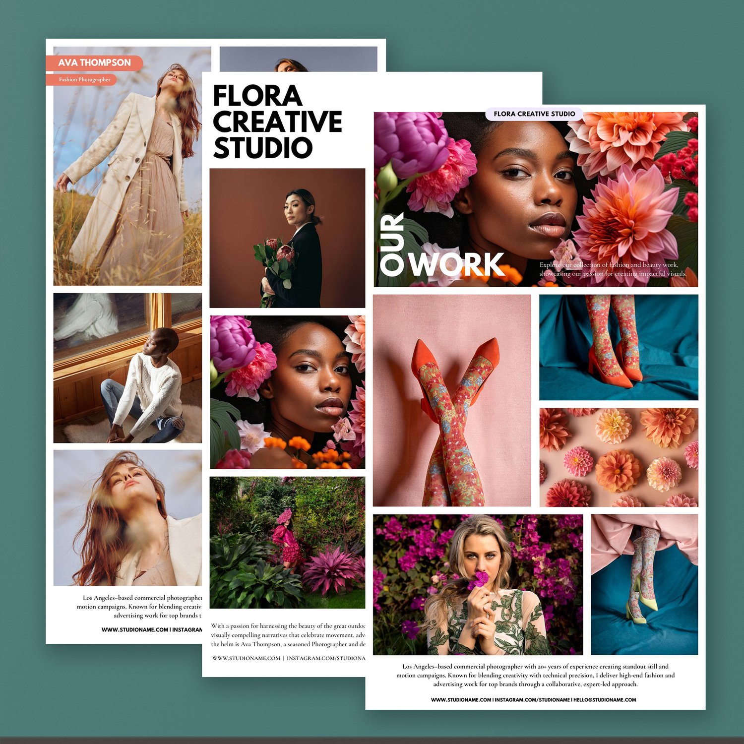 A collage of email layouts featuring floral-themed fashion photography, including women posing with flowers, vibrant clothing, and artistic layouts showcasing creative studio work.