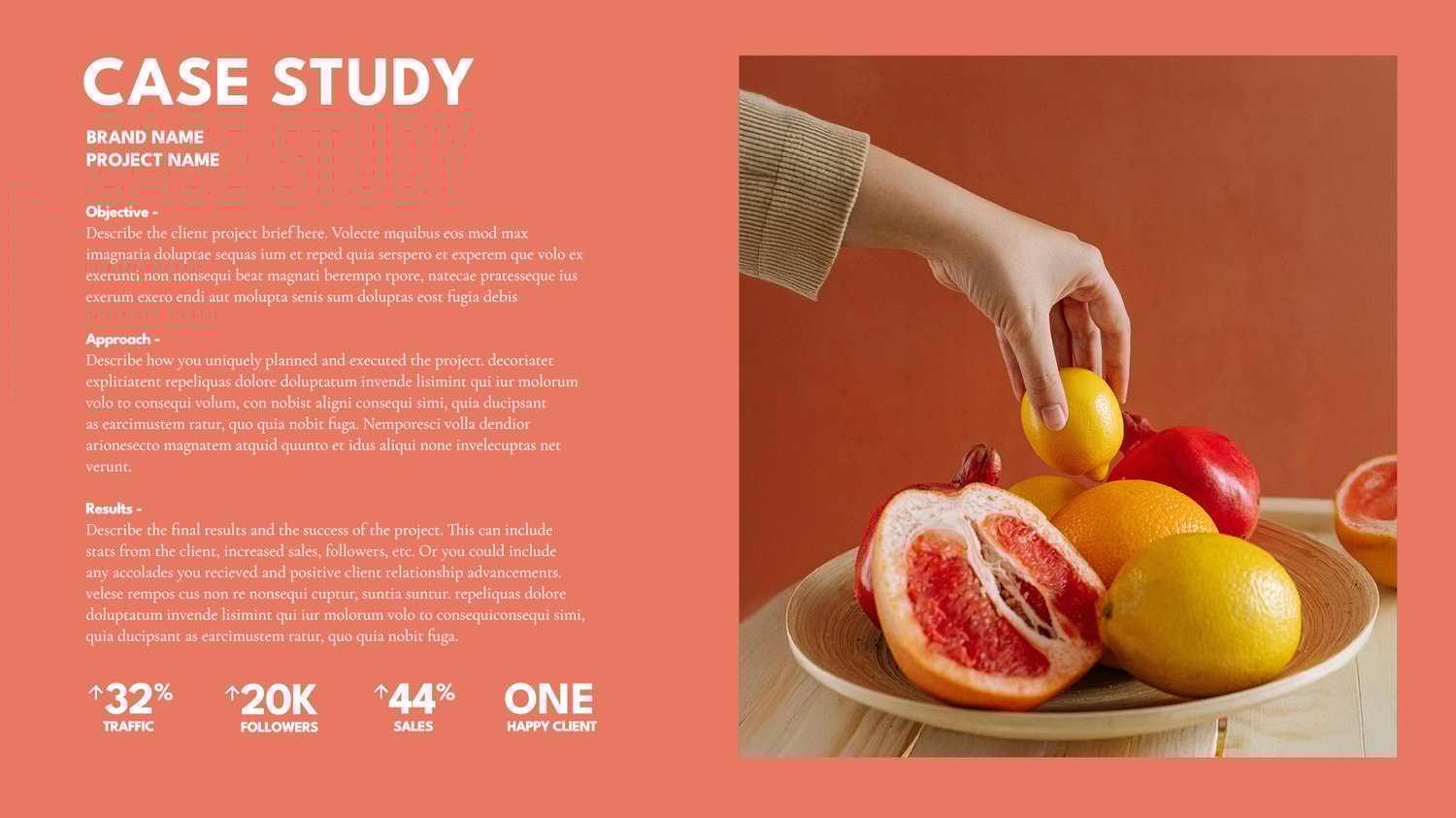 A hand reaches for a lemon on a plate with assorted citrus fruits, including a halved grapefruit, against a peach background. On the left, white text on a peach panel presents a case study with statistics.