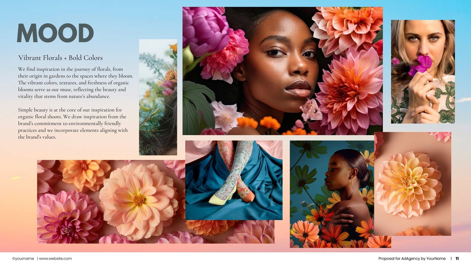 A collage of vibrant floral images featuring diverse women posing with colorful flowers, surrounded by bold, blooming petals in pink, peach, and orange tones against a soft gradient background with “MOOD” text on the left.