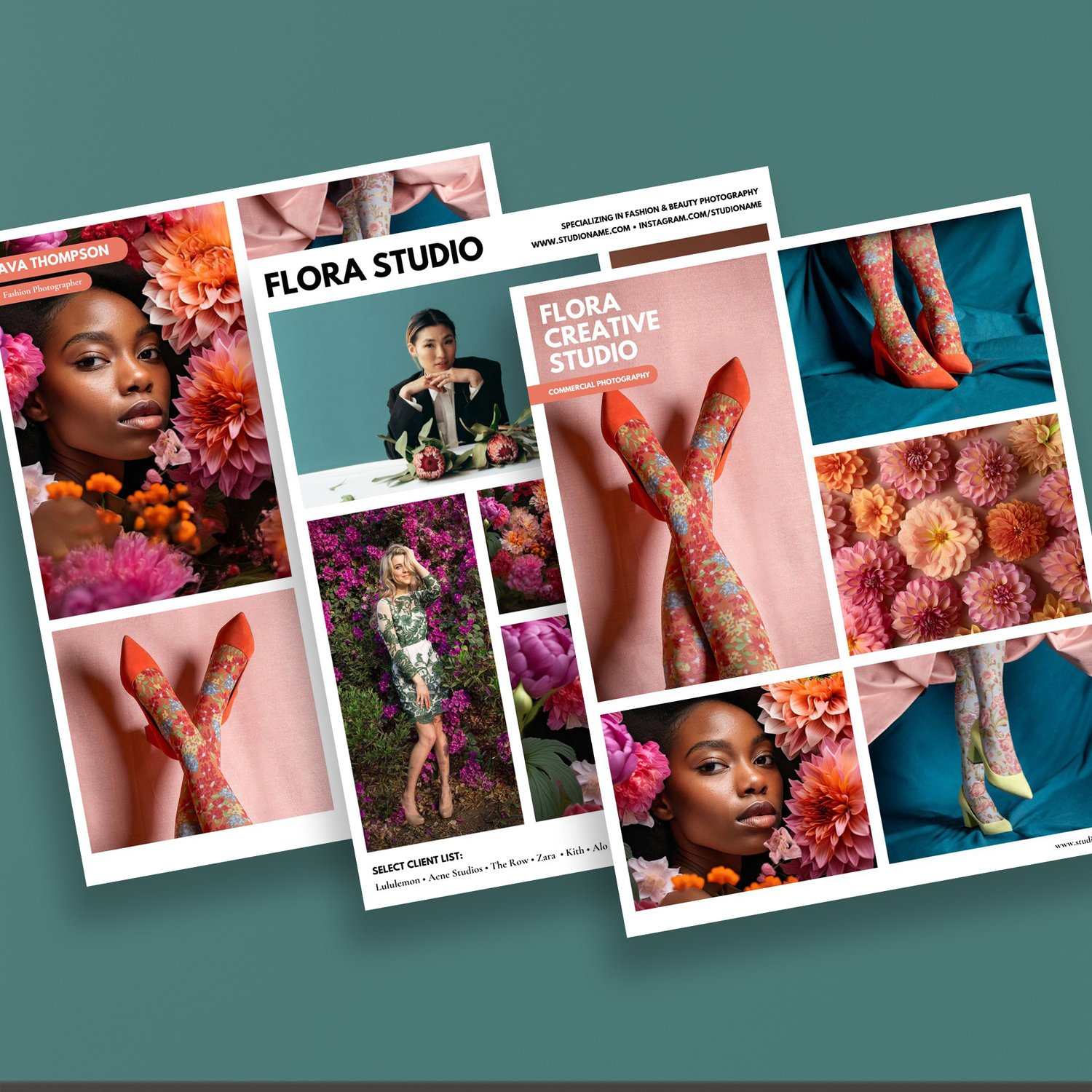 A collage of email layouts featuring floral-themed fashion photography, including women posing with flowers, vibrant clothing, and artistic layouts showcasing creative studio work.