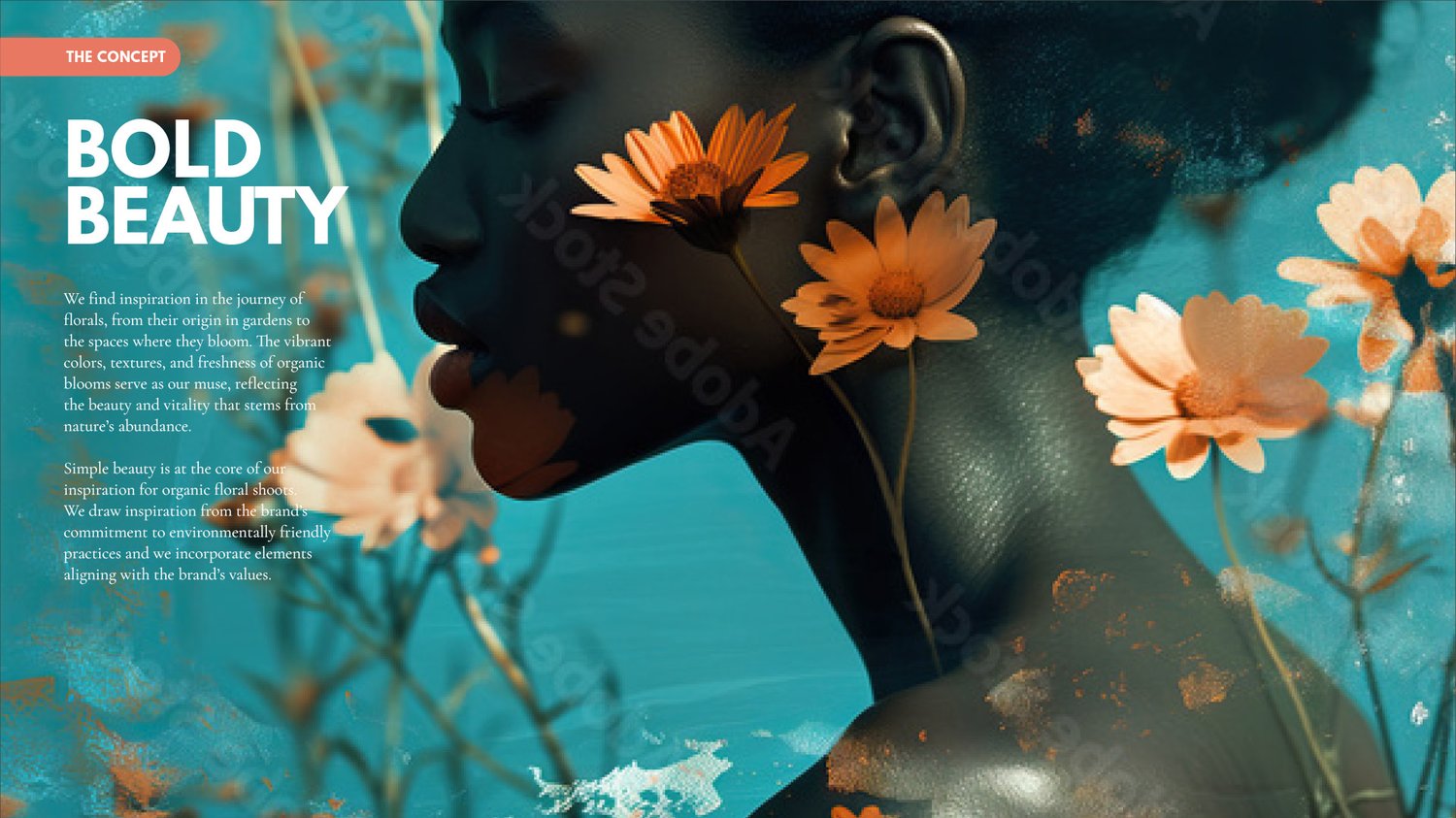 A profile of a woman with dark skin is overlaid with orange flowers and green stems, set against a turquoise background. Bold white text reads “BOLD BEAUTY” at the top left. The image blends nature with portrait photography.