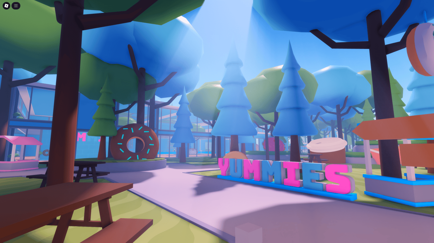 Advertisement board outside Roblox bakery map  Jump house and swings in colorful amusement zone