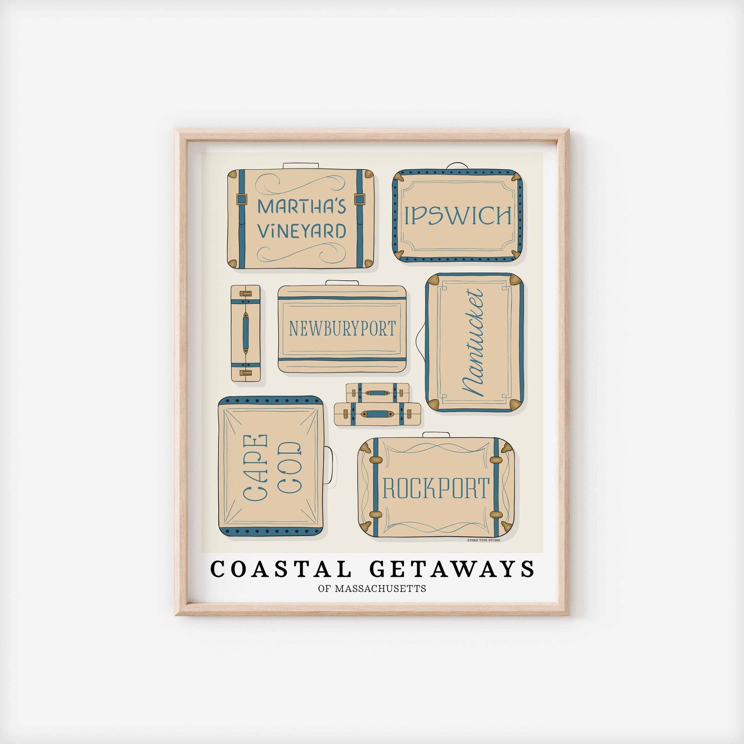 A framed picture of coastal Massachusetts areas drawn in various lettering styles on suitcases. Artwork has a beige and blue color scheme