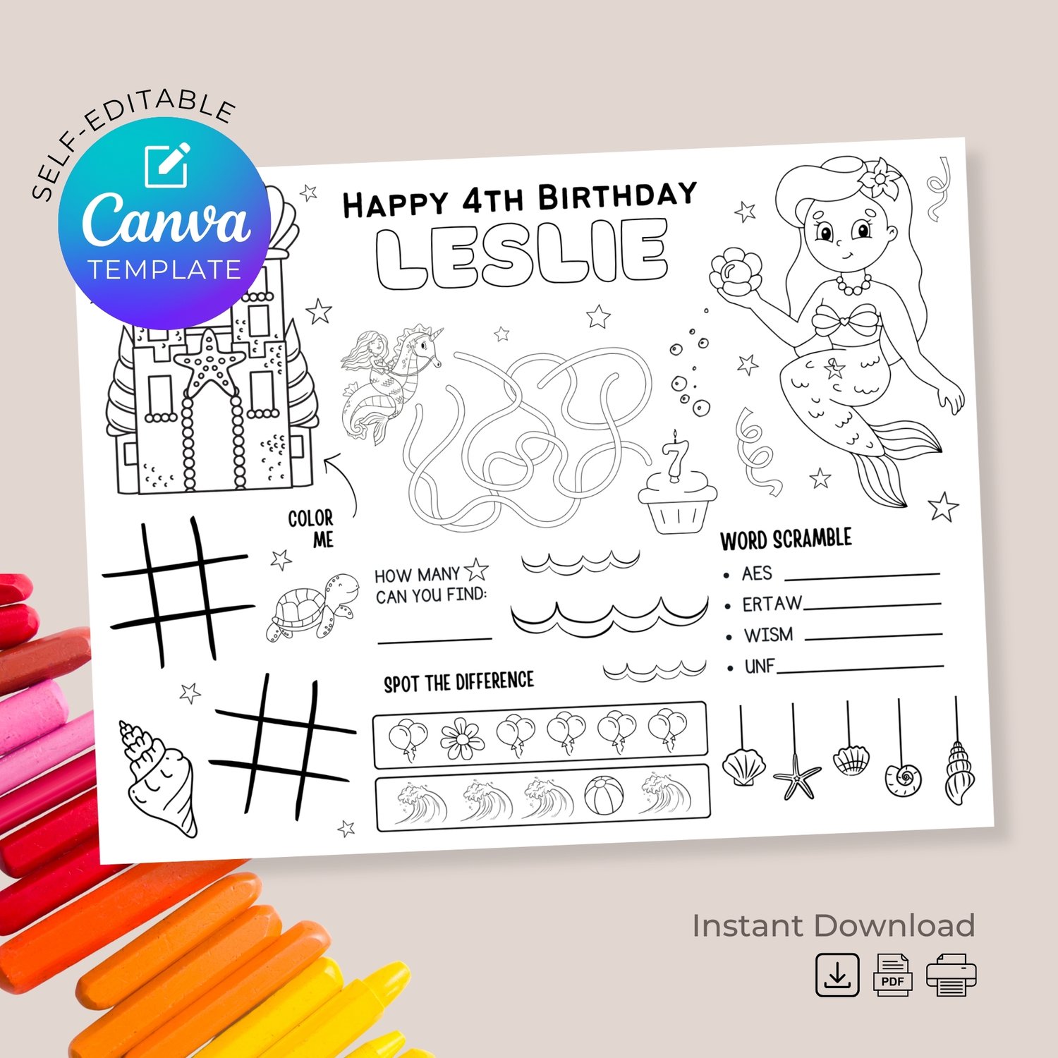 Mermaid Birthday Placemat Activity Page