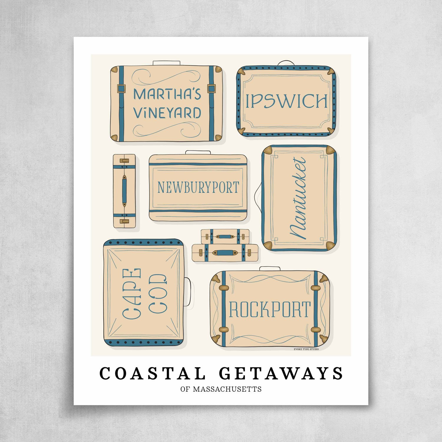 A collection of beige and blue suitcases featuring 6 coastal getaways in Massachusetts