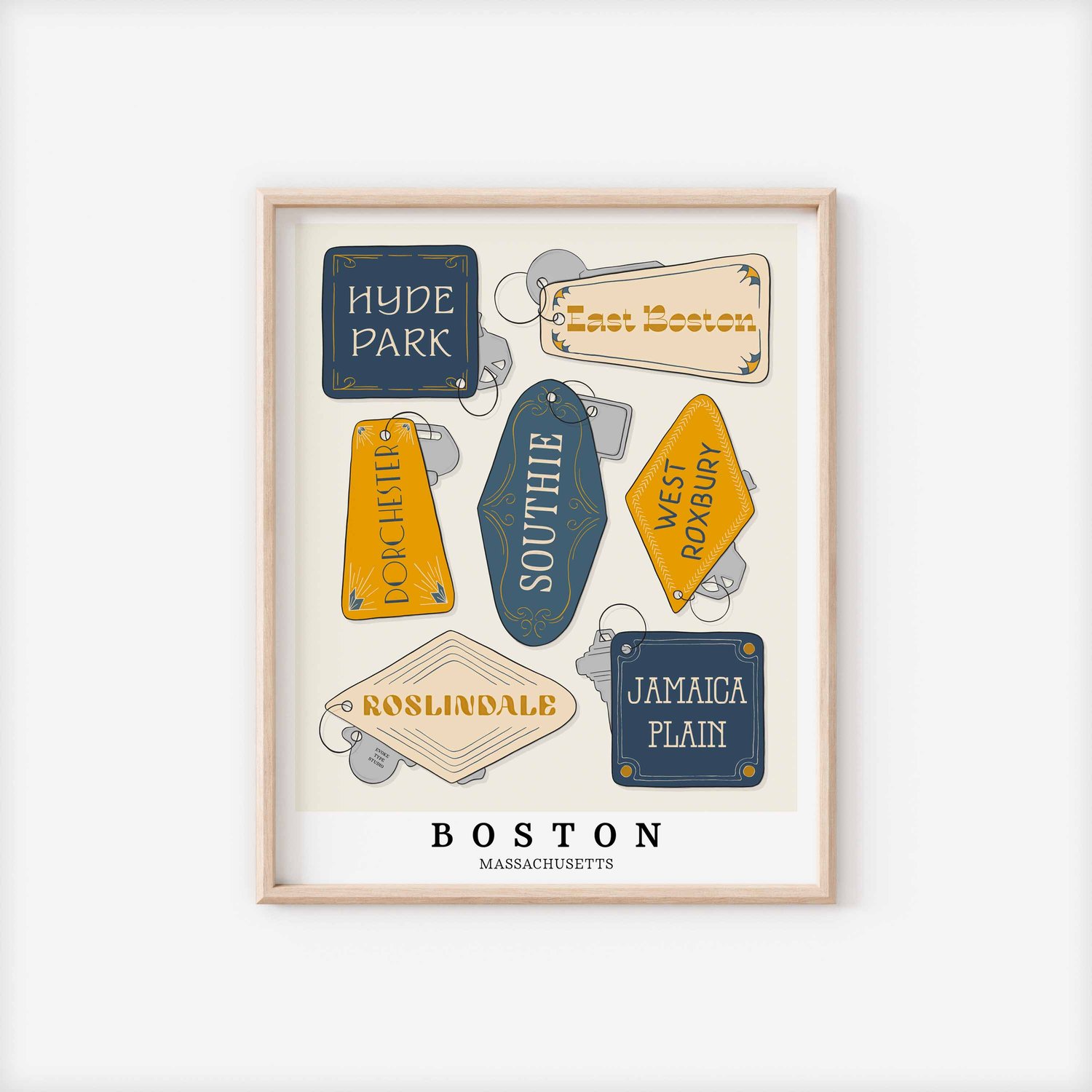 A framed picture of Boston, Massachusetts neighborhoods drawn in various lettering styles on key fobs. Artwork has a blue, yellow and beige color scheme
