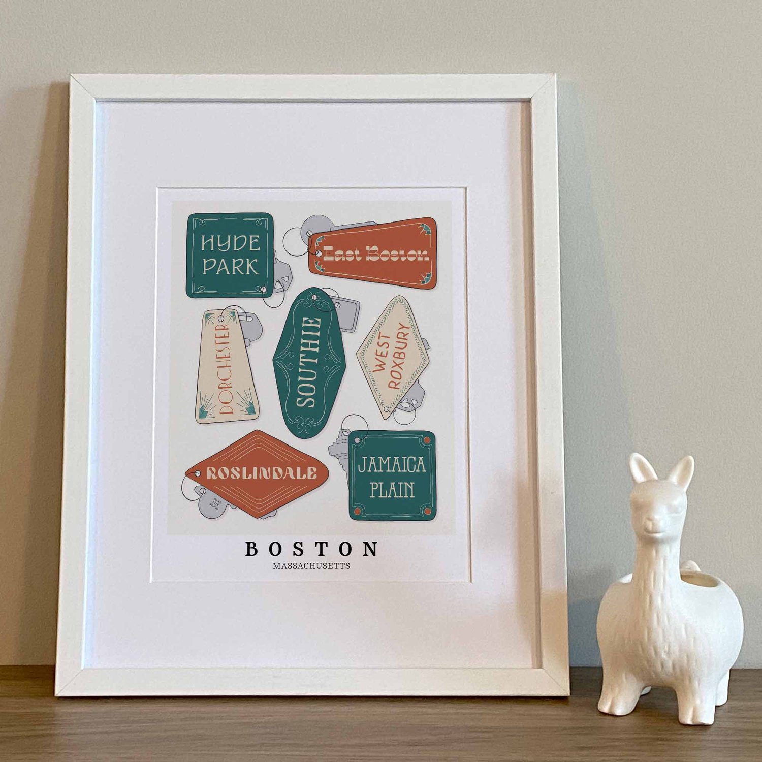 Hand-drawn neighborhood key fobs in a retro color palette on a Boston-themed wall art print.