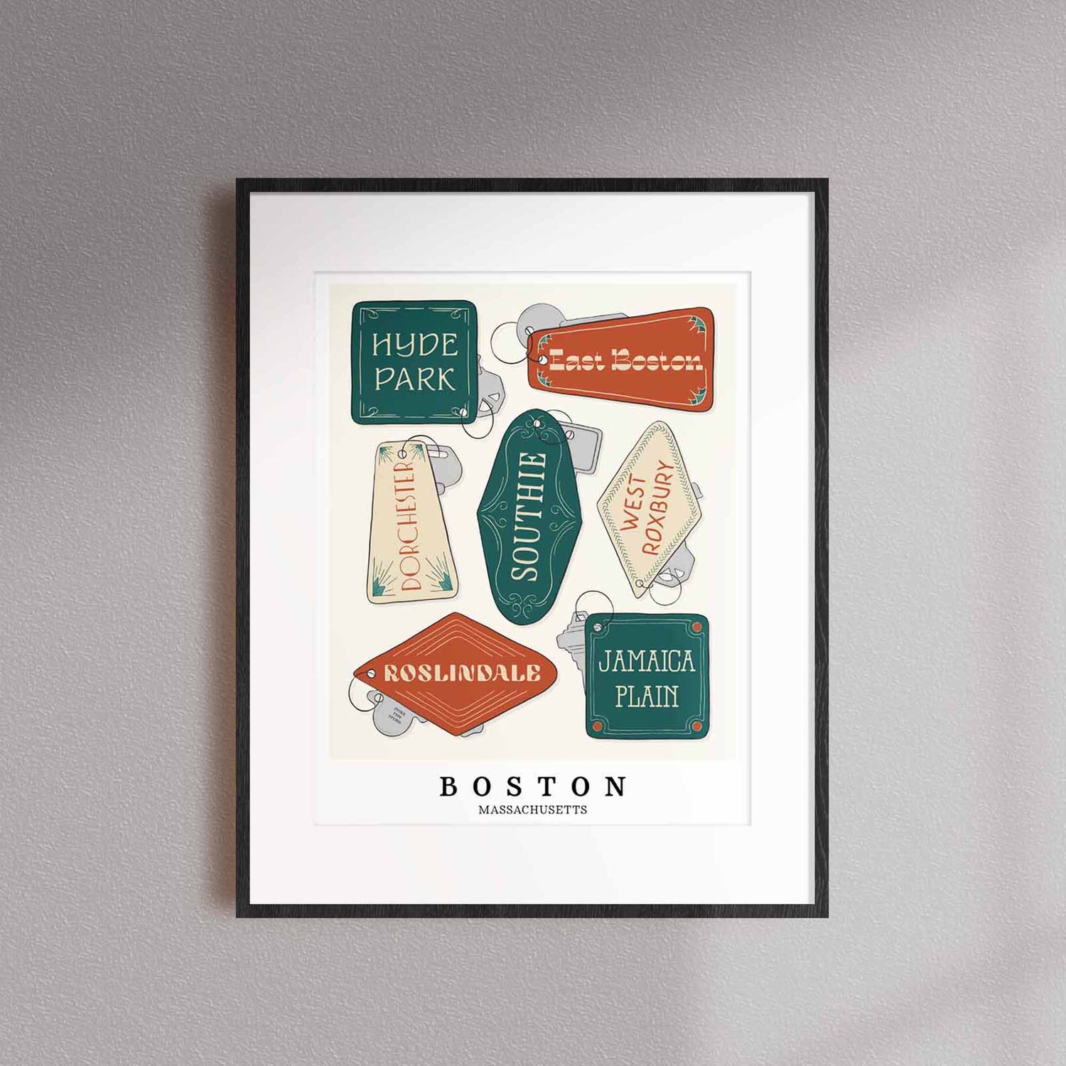 A framed picture of Boston, Massachusetts neighborhoods drawn in various lettering styles on key fobs. Artwork has a green, orange and tan color scheme